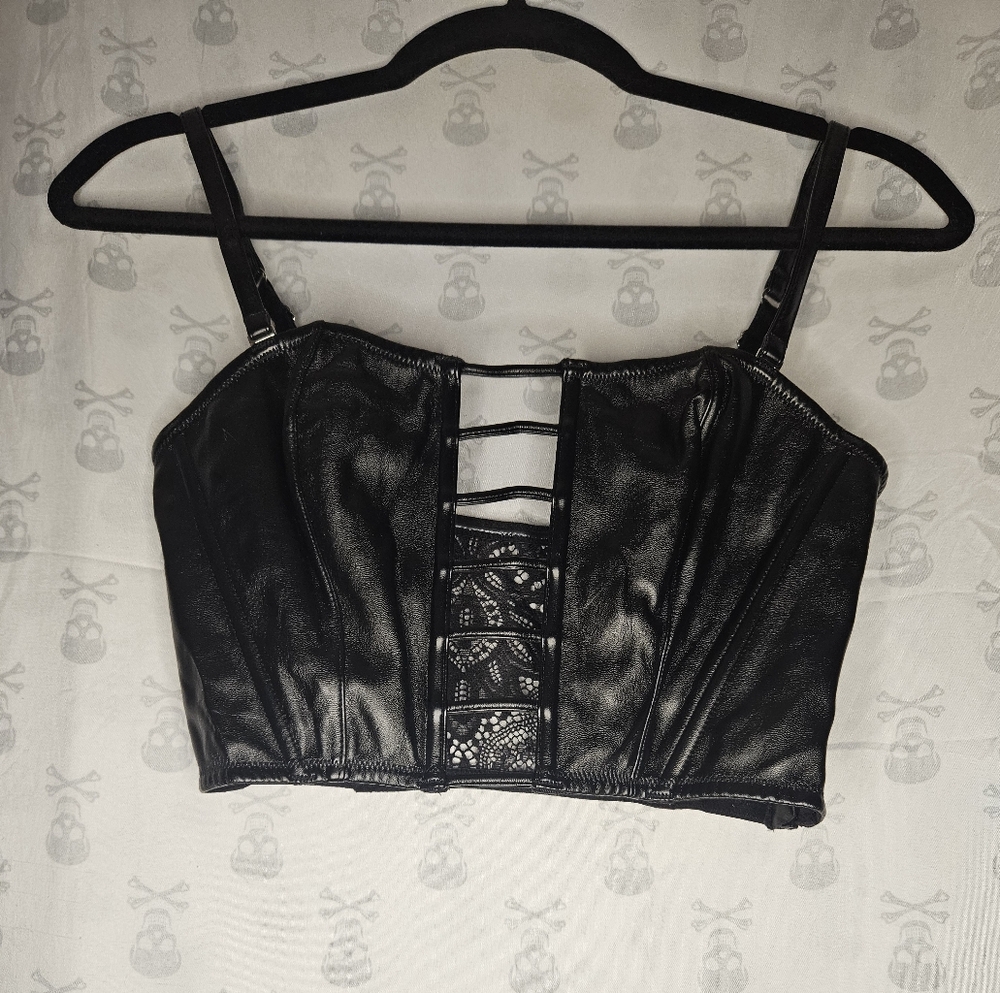 Victorias Secret Very Sexy Medium Black Faux Leather and Lace Bustier